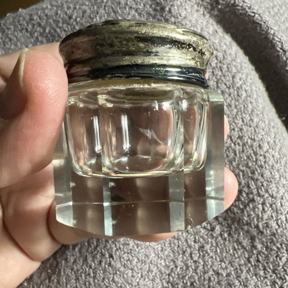Crystal Rouge Pot With Sterling Lid Art Deco 1.5” - Picture 2 of 8